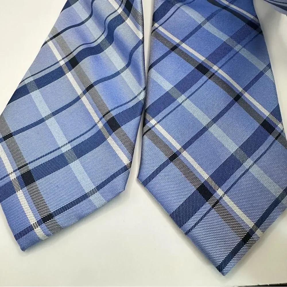 CHAPS NWT Blue White Plaid Neck Tie Lot of 2  Set Bundle 100% Silk Classic